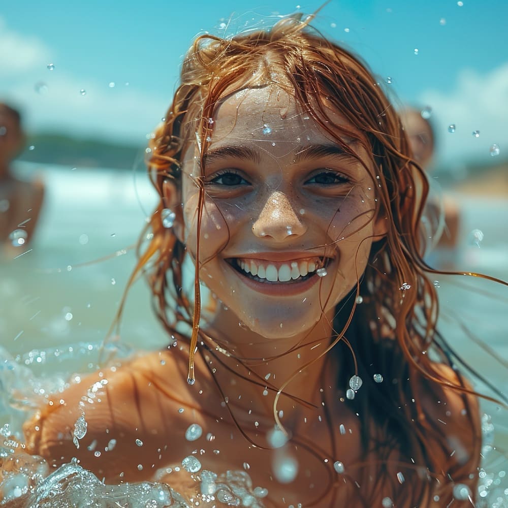 A girl is smiling in the water at the beach.